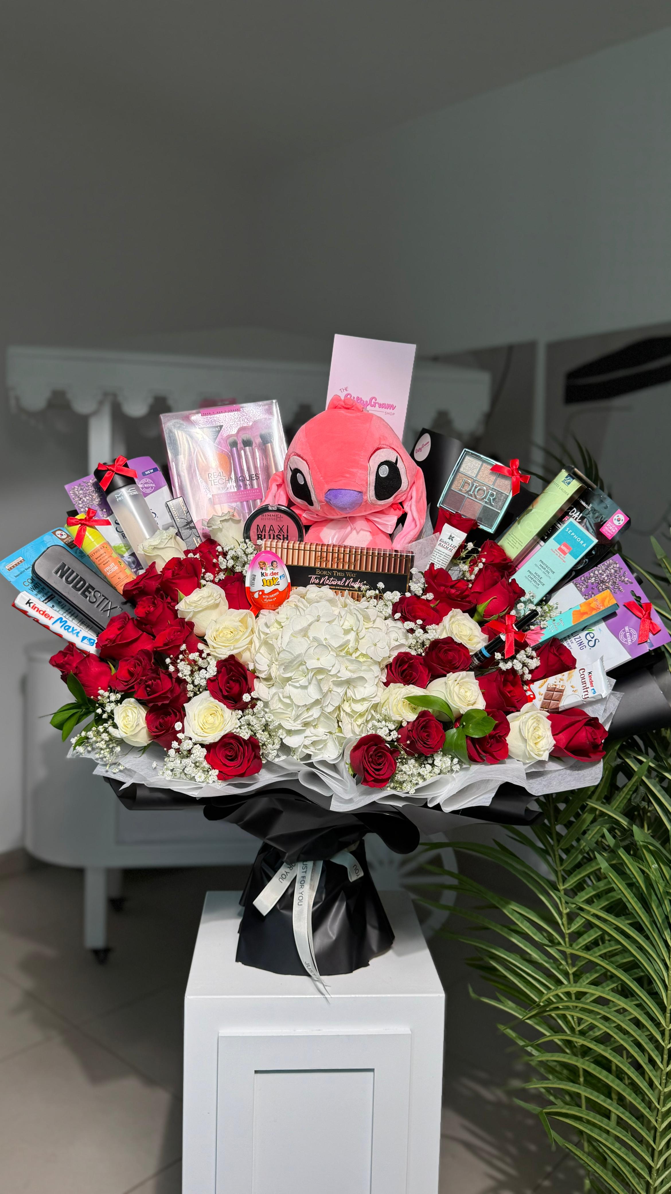 World’s Most Luxurious Makeup Bouquet with Pink Roses + Stitch